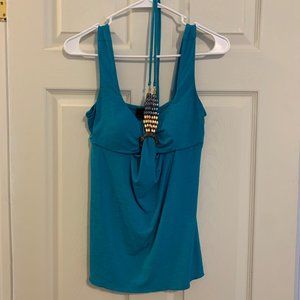 bright teal dressy tank top with tie around neck